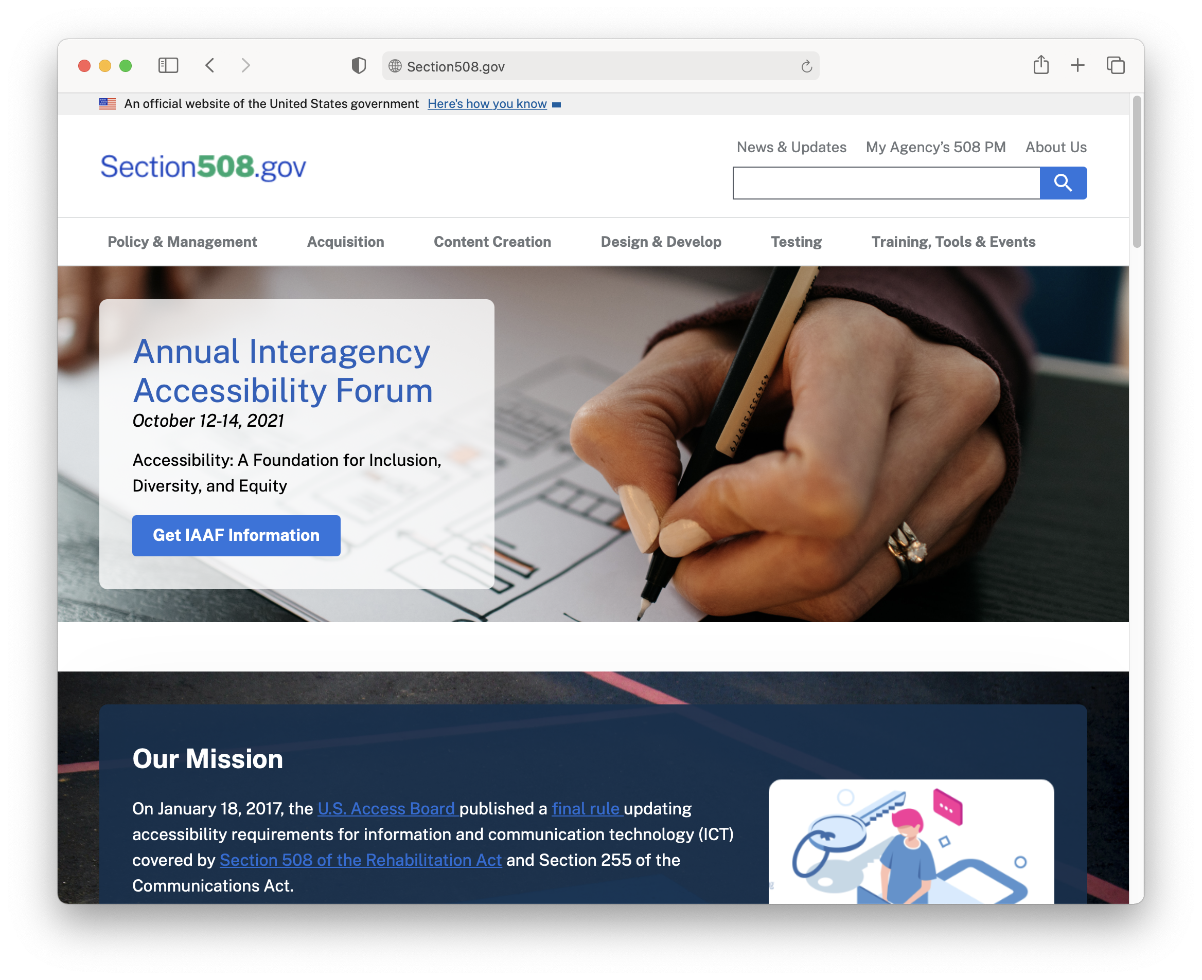 Small, abstract view of the new Section508.gov homepage with a promotion for the Annual Interagency Accessibility Forum.
